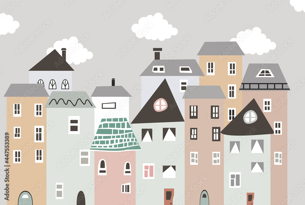 Kids' wallpaper. A small painted city. Colorful houses. A fabulous city. Wallpaper for the children's room. Graphic drawing of the city.