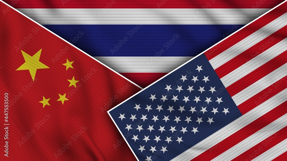Fototapeta premium Thailand United States of America China Flags Together Fabric Texture Effect Illustration