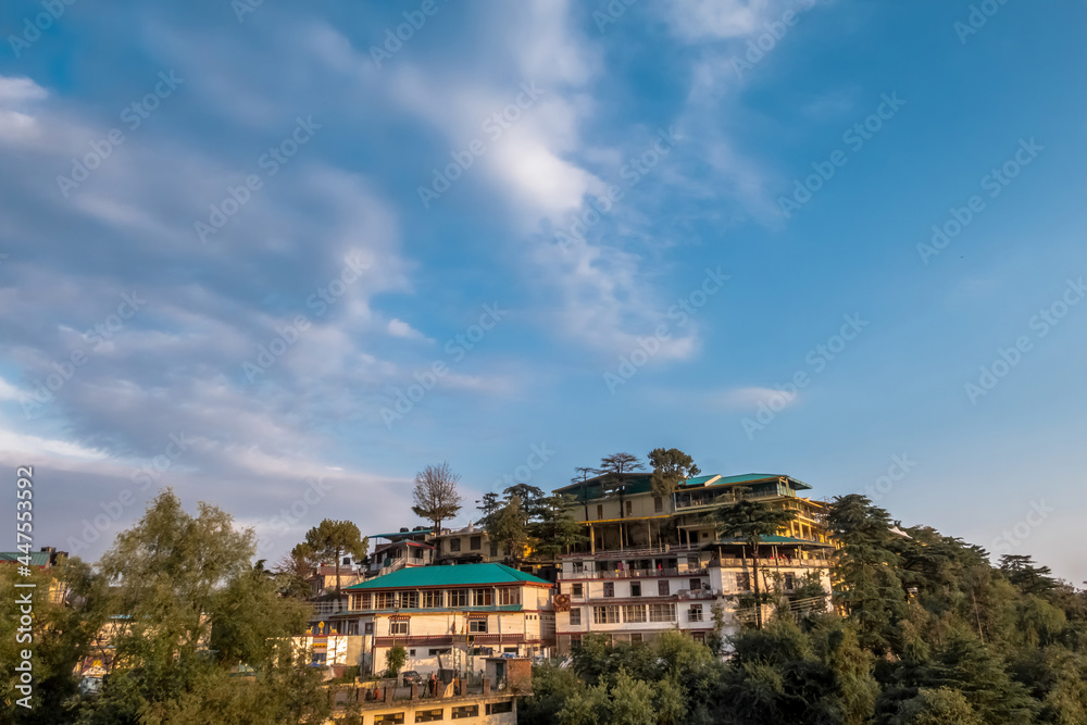 Endless blue sky over the Dalai Lama's Temple in Dharamsala, India