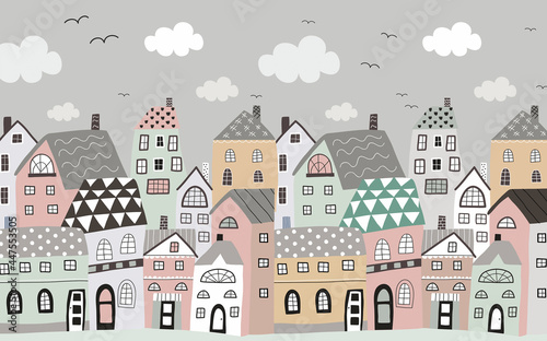 Kids' wallpaper. A small painted city. Colorful houses. A fabulous city. Wallpaper for the children's room. Graphic drawing of the city.