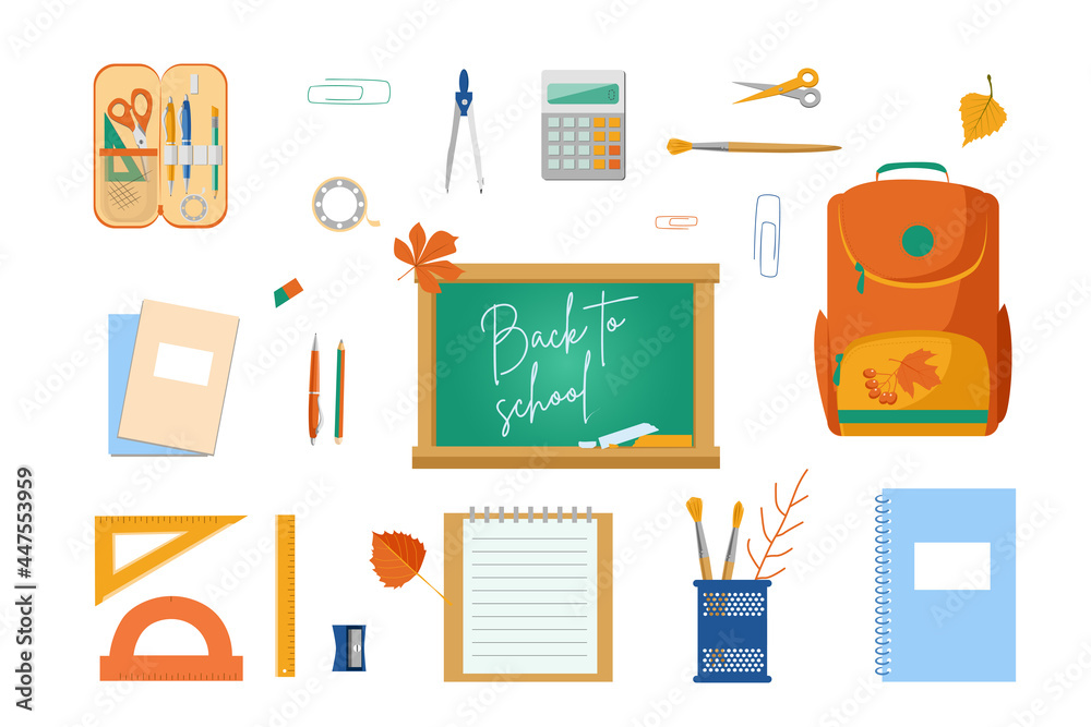 Back to school. A large set of subjects for school. Vector illustrations in cartoon style. Backpack, stationery, notebooks, calculator, pencil case and blackboard