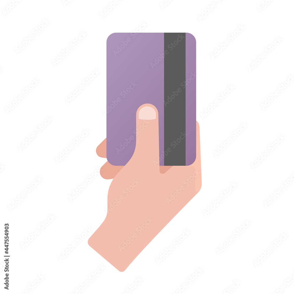 Human hand holding a credit card. Colored flat illustration. Isolated on white background. Human hand holding a credit card. Colored flat illustration. Isolated on white background.