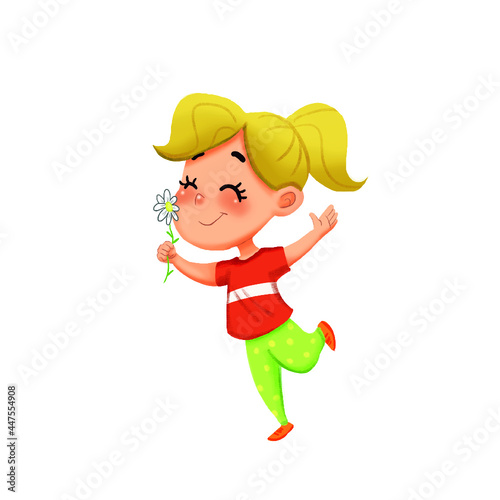 little girl jumping with flower vector