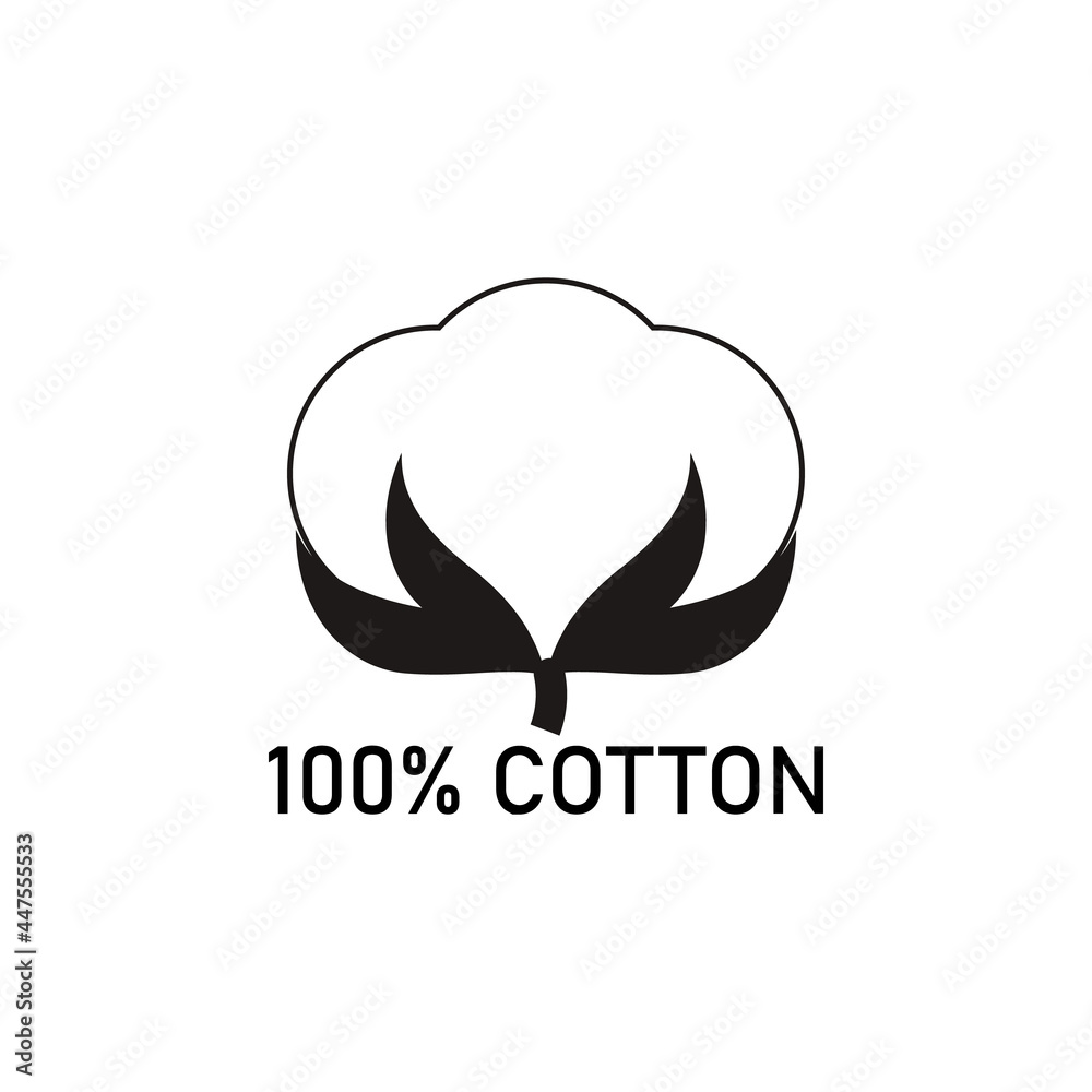 100 percent cotton fabric. Vector label and icon on blank background. Isolated black and white silhouette. 100 percent cotton fabric. Vector label and icon on blank background. Isolated black and white silhouette.