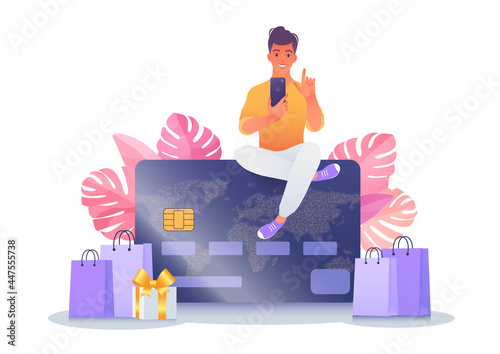Man using smartphone sitting on top of a credit card shopping online. Credit card or contactless payment business concept. Vector illustration isolated on white background.