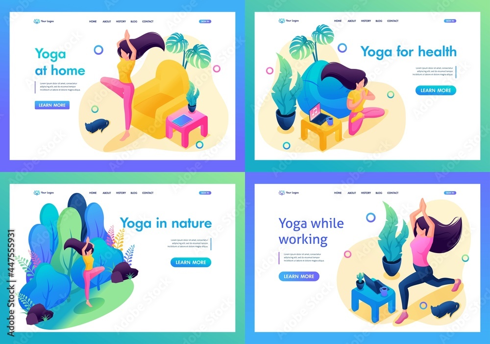 Kit Of Landing Pages With Beautiful Illustrations About Yoga