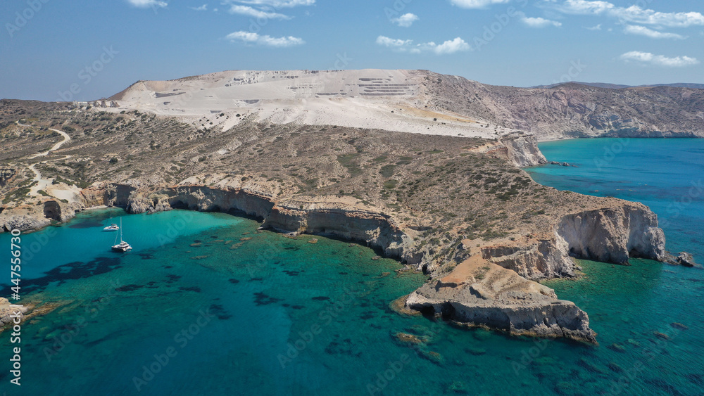 Aerial drone photo of volcanic island with Perlite rock in tropical exotic destination