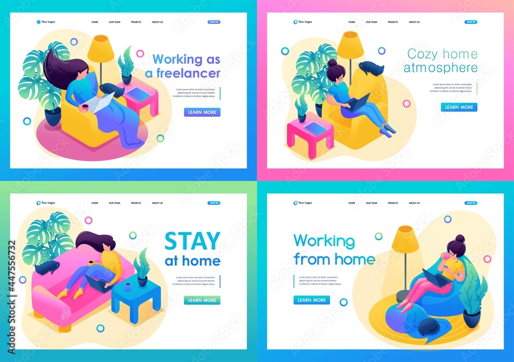 Isometric 3D. Kit of Landing Pages With Bright Illustrations Of a Girl Working At Home Isometric 3D. Kit of Landing Pages With Bright Illustrations Of a Girl Working At Home