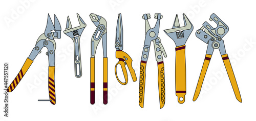 A set of tools for the installer in the flat style. For a hardware store. Vector illustration.