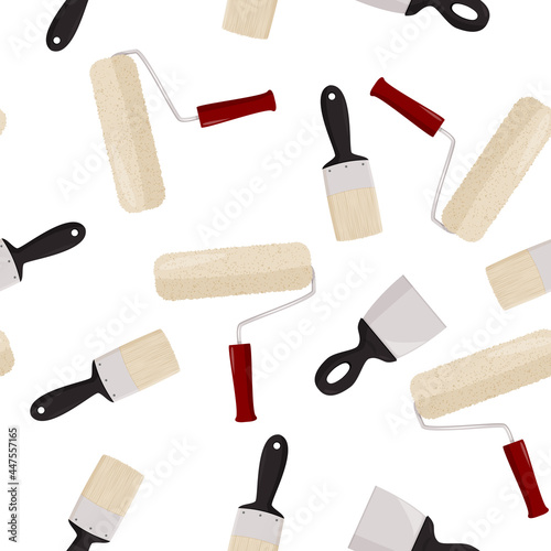 Simple trowel and paint roller vector background. Hand tool for repair seamless pattern.