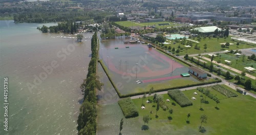 Flooded sport field and camping in Yverdon, july 2021