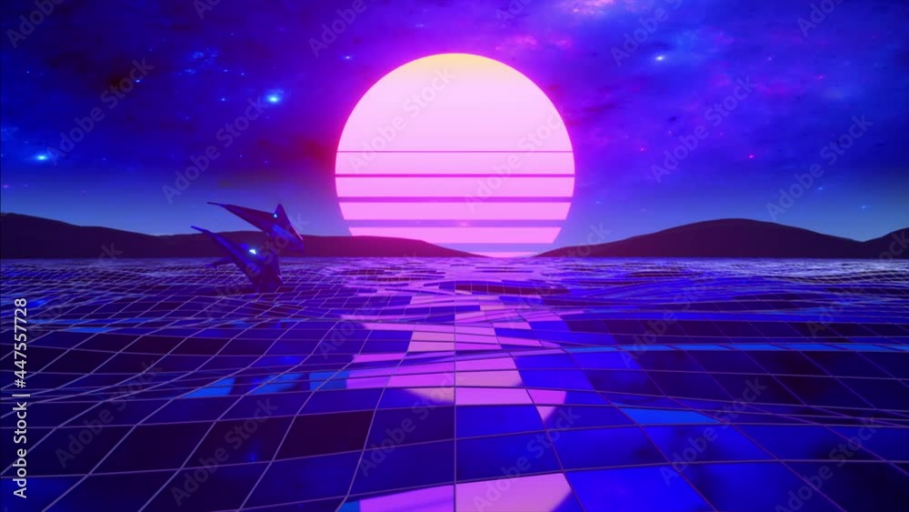 Retro 80s style. Fly endlessly over the digital ocean. Dolphins are jumping over the water. Colorful retro sunset. Seamless loop 3d animation