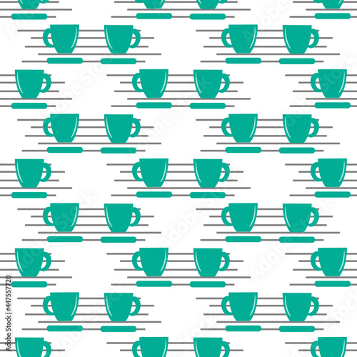 Pattern with turquoise cups. Vector stylized illustration on a white background with stripes. For use in packaging and covers, fabrics, shops, advertisements and promotions, cafes and restaurants