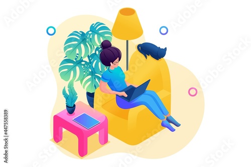 Isometric 3D. Girl Works In a Homely, Cozy Atmosphere On a Laptop In a Chair. Concept For Web Design