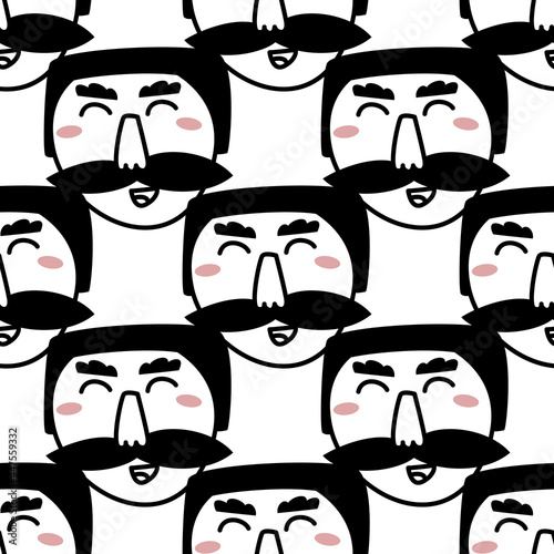 Hand drawn doodle style face of man with bushy mustache background. Trendy black and white vector seamless pattern.