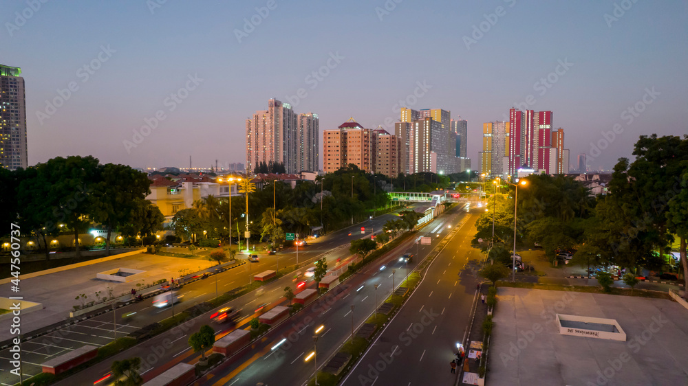 Traffic jam on the polluted streets of Jakart. Has the highest number of motor vehicles and the traffic congestion is limited in few areas. Jakarta, Indonesia, July 28, 2021