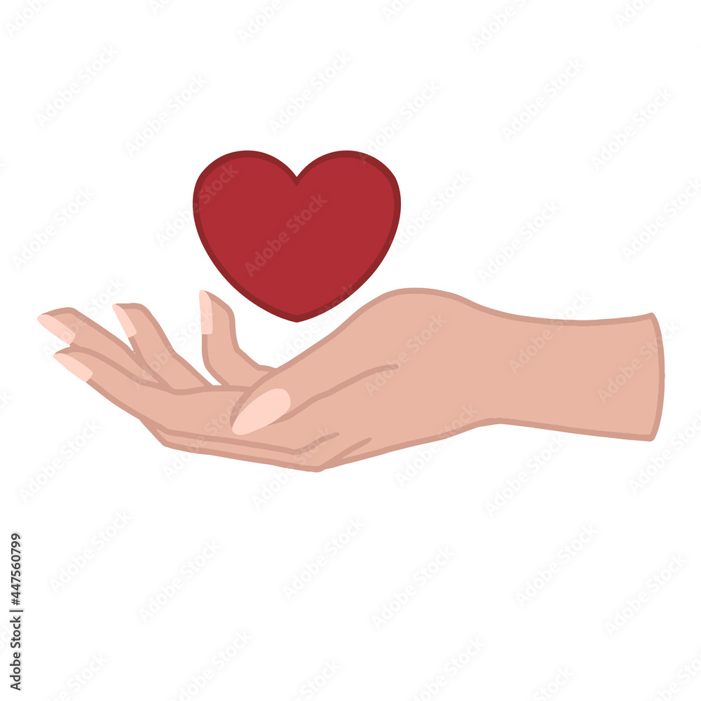 Hand and heart - love giving concept vector flat illustration Hand and heart - love giving concept vector flat illustration
