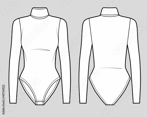 Bodysuit with long sleeves and stand collar. Front and back