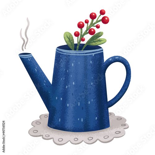 illustration blue teapot with herbs and berries with tea