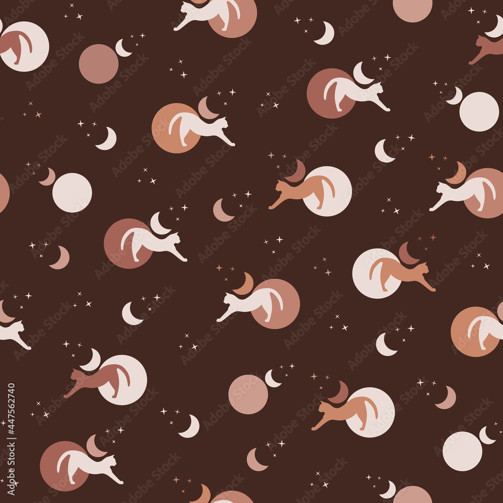Cat seamless pattern. Cat and the moon, stars. Mystic cat pattern. Boho style. Flat concept vector illustration Cat seamless pattern. Cat and the moon, stars. Mystic cat pattern. Boho style. Flat concept vector illustration