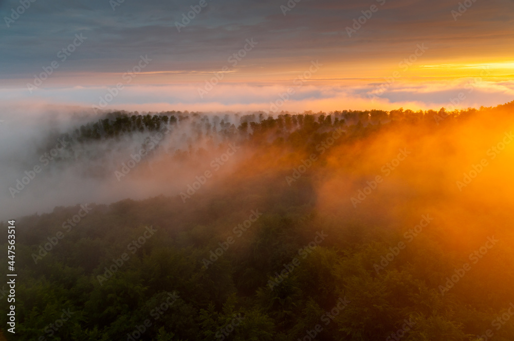Solińskie Lake bathed in morning fog, Solina, Bieszczady, sunrise