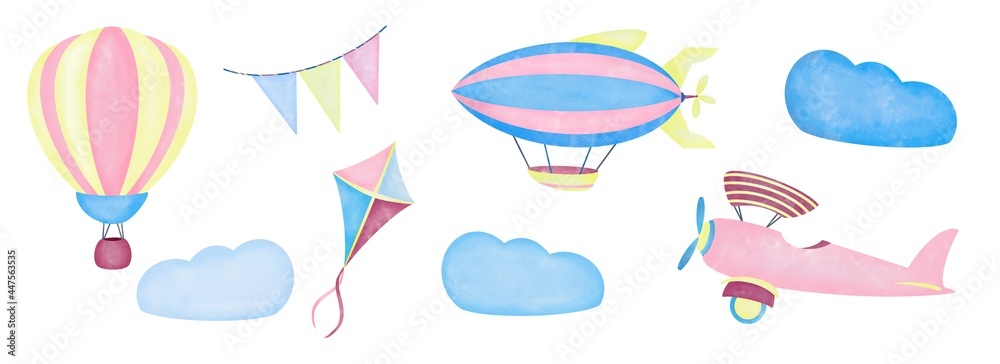 Naklejka premium Watercolor set. Airship, kite, airplane, aerostat hot air balloon and flags in the clouds on white background. Digital illustration for kids children. Print quality.