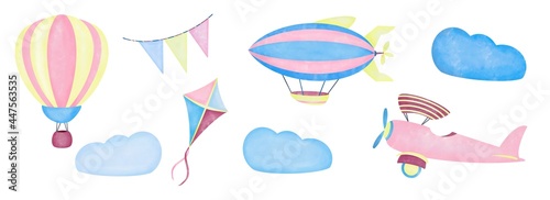 Watercolor set. Airship, kite, airplane, aerostat hot air balloon and flags in the clouds on white background. Digital illustration for kids children. Print quality.