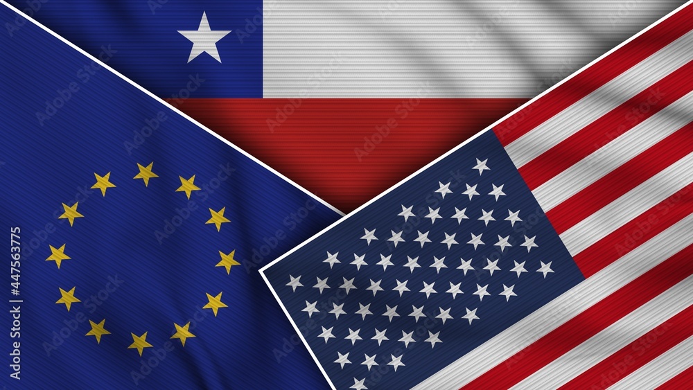 Chile United States of America European Union Flags Together Fabric Texture Effect Illustration Chile United States of America European Union Flags Together Fabric Texture Effect Illustration