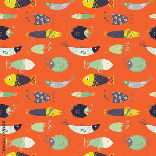 Vivid background with a vintage color palette and cute cartoon fish. Retro seamless pattern isolated on an orange. Vector illustration.