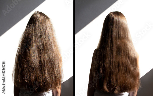 on a white background female head with long hair. before and after using a special shampoo. obedient hair concept