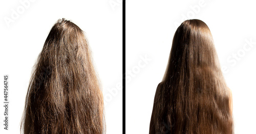 on a white background female head with long hair. before and after using a special shampoo. obedient hair concept
