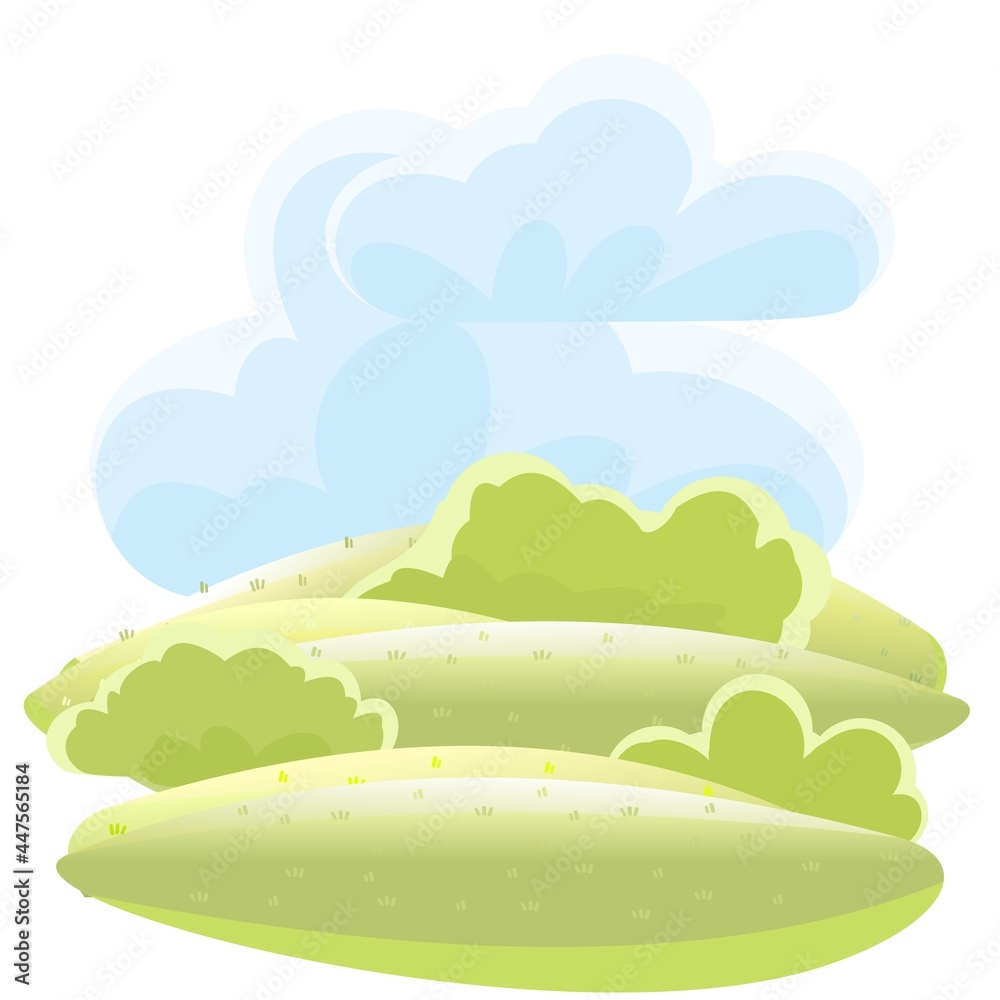 Rural beautiful landscape. Cartoon style. Clouds. Hills with grass and forest trees. Lush meadows. Cool romantic beauty. Flat design illustration. Vector art