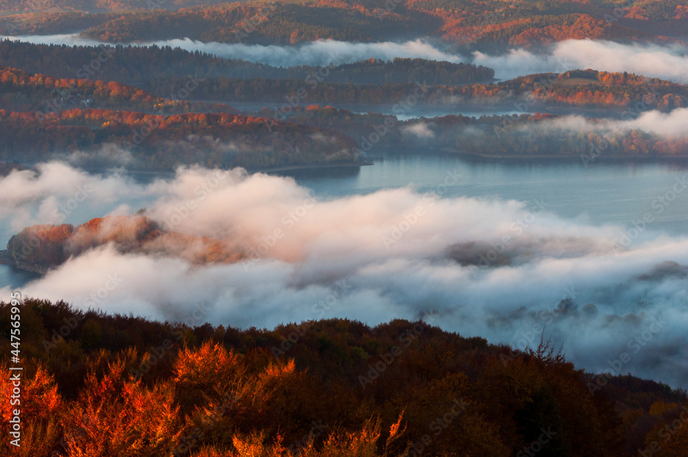 Fototapeta premium Solina Lake at autumn sunrise, Solina, Polańczyk, Bieszczady, sunrise
