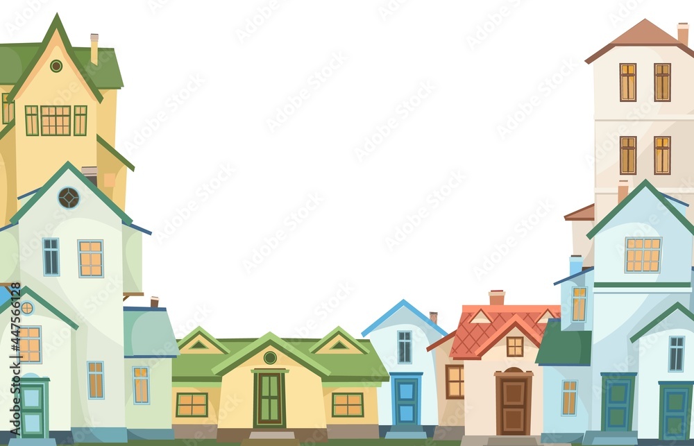 Cartoon houses of different colors. Village or town. Frame. A beautiful, cozy country house in a traditional European style. Nice funny home. Rural building. Illustration Vector