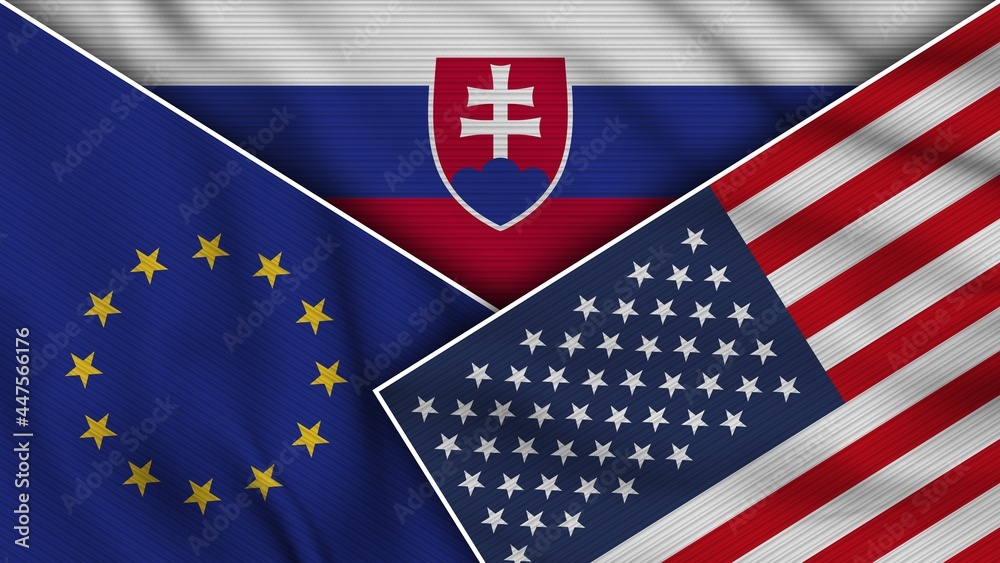 Slovakia United States of America European Union Flags Together Fabric Texture Effect Illustration Slovakia United States of America European Union Flags Together Fabric Texture Effect Illustration