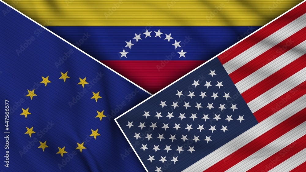 Venezuela United States of America European Union Flags Together Fabric Texture Effect Illustration Venezuela United States of America European Union Flags Together Fabric Texture Effect Illustration