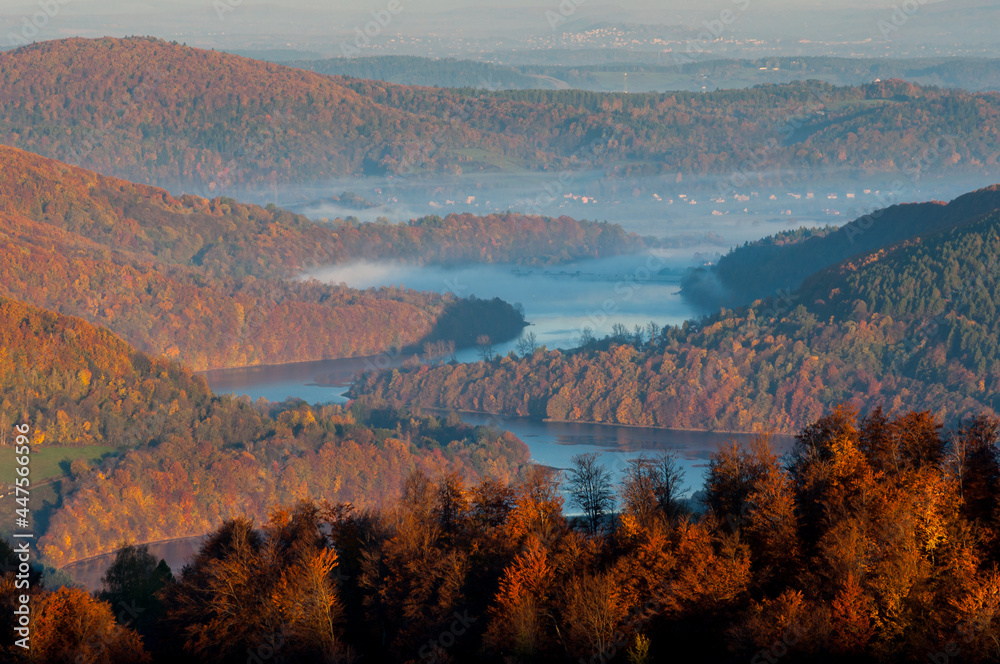 Solina Lake at autumn sunrise, Solina, Polańczyk, Bieszczady, sunrise