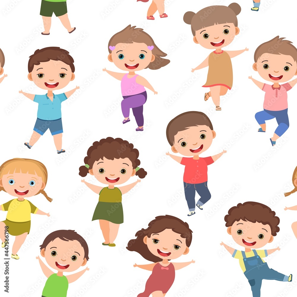 Happy childhood. Seamless pattern. Little boys and girls. Kid is jumping for joy at the party. Charming active cute character. Nice kid. Cartoon style. Isolated on white background. Vector Happy childhood. Seamless pattern. Little boys and girls. Kid is jumping for joy at the party. Charming active cute character. Nice kid. Cartoon style. Isolated on white background. Vector