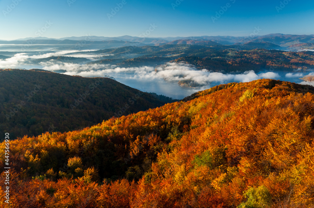 Solina Lake at autumn sunrise, Solina, Polańczyk, Bieszczady, sunrise