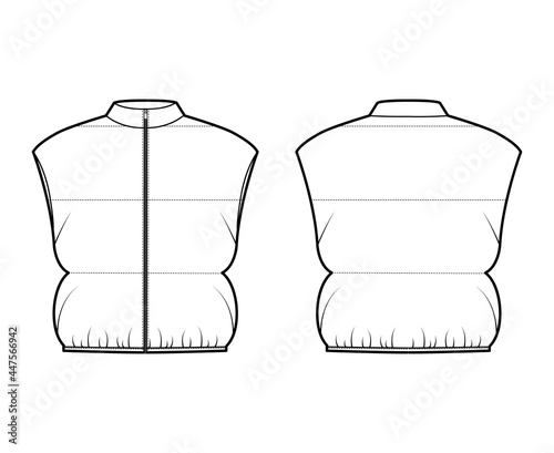 Down vest puffer waistcoat technical fashion illustration with sleeveless, stand collar, zip-up closure, crop length, wide quilting. Flat template front, back, white color. Women, men, unisex top CAD