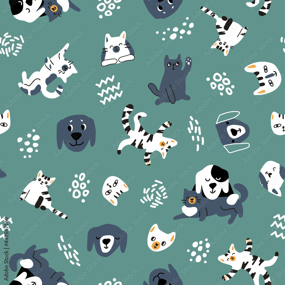 Cute cat dog hand drawn seamless pattern. Vector friendship cartoon blue white yellow illustration on green background Cute cat dog hand drawn seamless pattern. Vector friendship cartoon blue white yellow illustration on green background