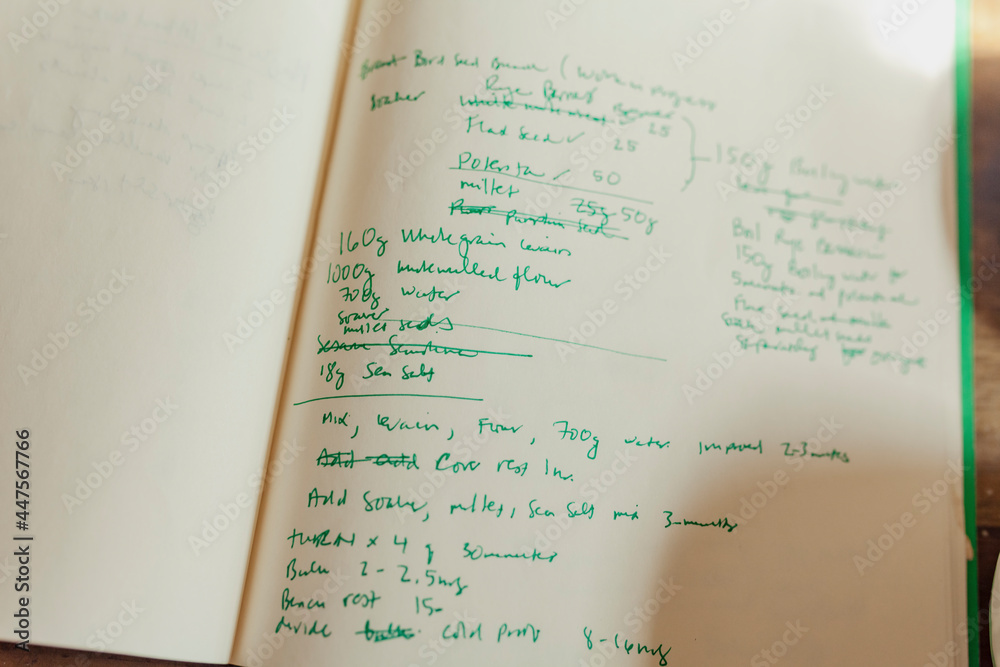 Baking recipes written by hand inside of a notebook