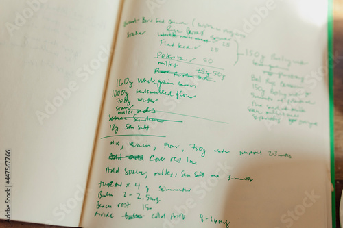 Baking recipes written by hand inside of a notebook