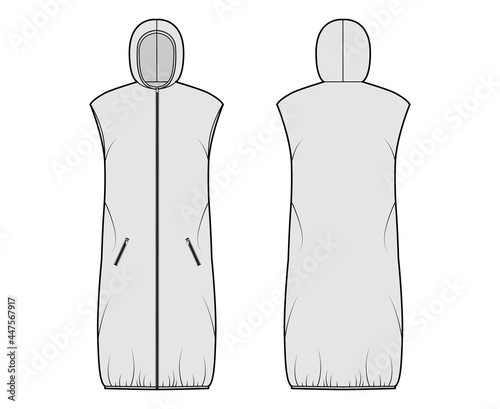 Down vest puffer waistcoat technical fashion illustration with sleeveless, hoody collar, zip-up closure, loose fit, knee length. Flat template front, back, grey color style. Women, men, unisex top CAD