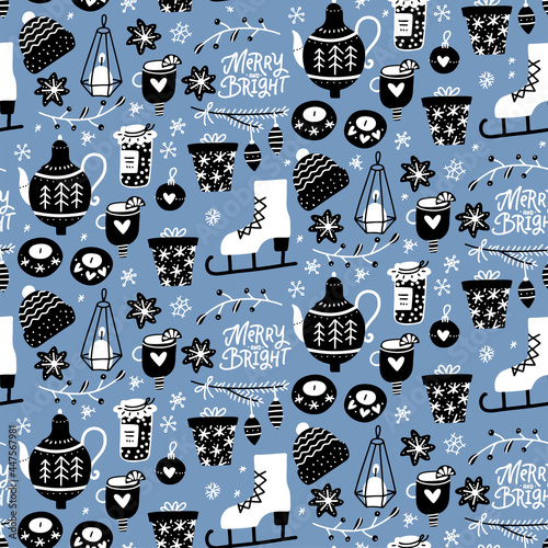 Blue winter seamless pattern with hand drawn cute elements for making cosy mood. Simple balck and white flat vector illustrations with lettreing quote - Merry and bright.