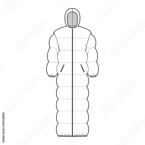 Hooded puffer quilted shell down coat jacket technical fashion illustration with long sleeves, zip-up closure, pockets, oversized. Flat template front, white color style. Women, men, unisex CAD mockup