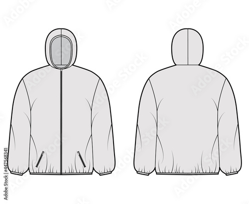 Puffer coat jacket technical fashion illustration with long sleeves, hoody collar, zip-up closure, pockets, boxy fit, hip length. Flat template front, back grey color style. Women, men, unisex top CAD