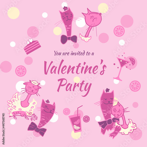 Vector illustration of cats in love for st.Valentine s day. Pictures of cats in vector format for the design of a romantic celebration, postcards, posters, invitations for a Valentine s day party.