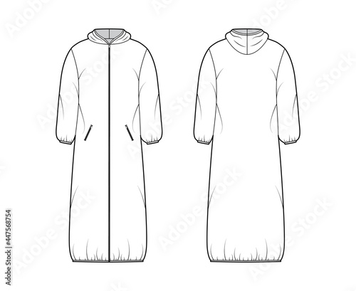 Hooded padded shell coat jacket puffer technical fashion illustration with long sleeves, maxi length, zip-up closure, boxy fit. Flat template front, back, white color style. Women, men top CAD mockup