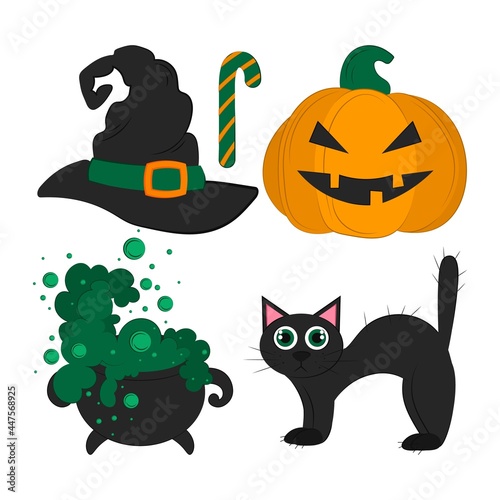 Happy Halloween. Vector flat illustration. Holiday symbols.